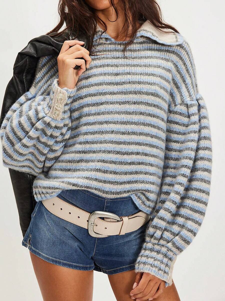Women's Striped Knit Sweater With Peter Pan Collar Puff Sleeve Button Cuff Casual Top For Daily Wear - Màu xanh lam - Xem 1