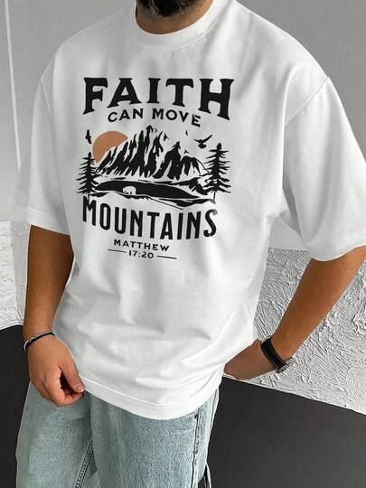 Camiseta con estampado gráfico "La fe mueve montañas" para hombre, con versículo bíblico cristiano Mateo 17:20. Camiseta informal de algodón de manga corta con diseño de paisaje de montaña y pino. Inspiración religiosa.