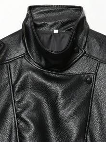Women's Solid Color Faux Leather Long Sleeve Jacket, Autumn/Winter Black Spring - Black - View 4