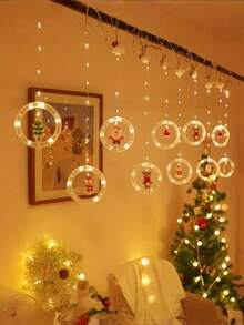 1 pieza Juego de luces LED tipo cortina navideña cálida, incluye patrones de Papá Noel, renos, muñeco de nieve y árbol de Navidad con 3 metros y 112 luces LED, luces de decoración navideña alimentadas por USB, adecuadas para el hogar, dormitorio y decoración festiva, decoración colgante interior