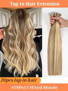 Tape In Hair Extensions Human Hair 16-26 Inch Remy Human Hair Tape In Extensions Color 18/613 Ash Blonde Highlight With Platinum Blonde Invisible Hair Extensions For Wedding Tape Ins 20Pcs 50Grams - S18/613 - 查看 1