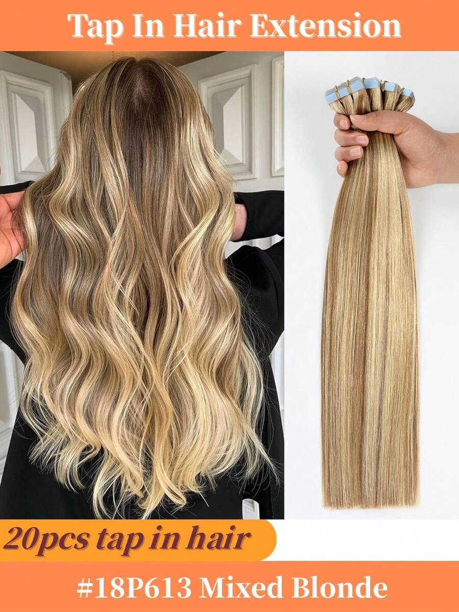 Tape In Hair Extensions Human Hair 16-26 Inch Remy Human Hair Tape In Extensions Color 18/613 Ash Blonde Highlight With Platinum Blonde Invisible Hair Extensions For Wedding Tape Ins 20Pcs 50Grams - S18/613 - 查看 1