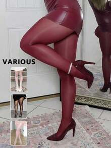 1 Pair Plus Size Women's Shiny Sexy Pantyhose, Comfortable - 酒紅色 - 查看 12