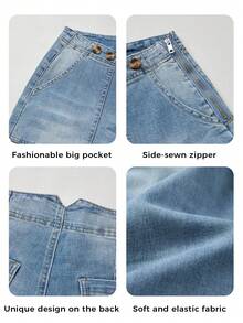 Women Wide Leg Jeans Tummy Control Mid-High Waisted Straight Stretchy Denim Pants With Pockets - màu xanh nhạt - Xem 6