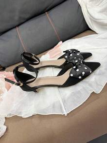 Nuove scarpe eleganti con punta affusolata e tacco alto alla moda per adolescenti, design carino con fiocco a pois, comode e versatili per un uso elegante quotidiano, a scuola, per feste, concerti - nero - Visualizzare 7