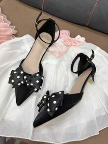 Nuove scarpe eleganti con punta affusolata e tacco alto alla moda per adolescenti, design carino con fiocco a pois, comode e versatili per un uso elegante quotidiano, a scuola, per feste, concerti - nero - Visualizzare 6