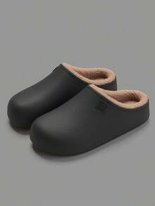 Men's PU Leather Flat Warm Slippers, Indoor/Outdoor EVA Plush Closed-Toe Slippers, Autumn/Winter