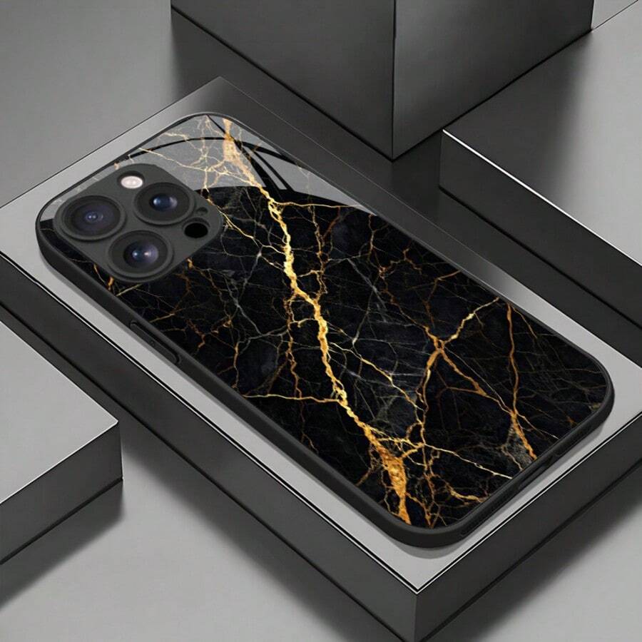 1pc Tempered Glass Material Black Gold Marble Crack Pattern Phone Case Compatible With IPhone 17 Pro Max/17/Air/16/15Plus/14/13/12/11/XR/XS MAX, A16/A15/A14/A13/A12/A11/A55/S21/S22/S24/S25, Redmi K30/K40/K60/K70E/NOTE11, 11/13/14 Protective Cover - Black - View 1