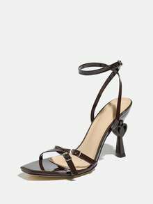 Women's Classic Fashion Buckle Decor Small Square Toe Heart-Shaped Stiletto High Heel Sandals, Soft Texture Mirror Surface Material, Ankle Strap, Suitable For Christmas, All Seasons, Night Party, Banquet, Shopping, Dating, Gift, Avant-Garde Sexy Luxurious Style, Coffee Brown High Heels To Match Autumn Women's Wear,Spring Summer Outfits - Coffee Brown - View 5
