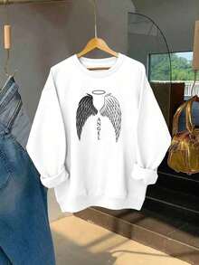 Sweat-shirt col rond en coton pour femmes, vêtement de sport ample en coton avec doublure polaire épaisse, adapté pour l'automne et l'hiver. Top basique décontracté et confortable pour femmes, convenant aux styles décontracté, universitaire et de rue. Top à manches longues adapté aux températures froides, vêtement de sport de rue pour femmes. - Blanc - Voir 1