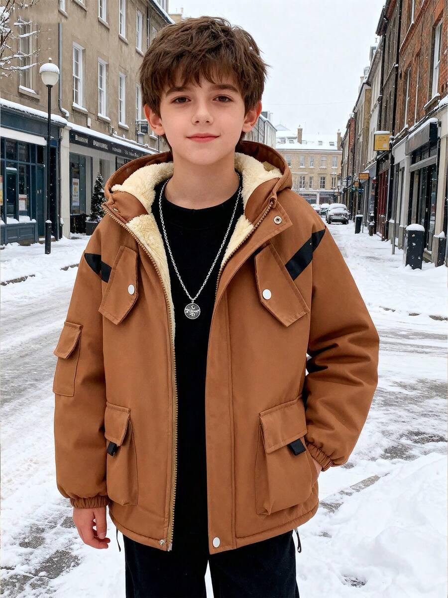 Tween Boy Casual Cargo Pocket Loose Fit Thermal Lined Hooded Jacket, Winter - Chocolate Brown - View 1