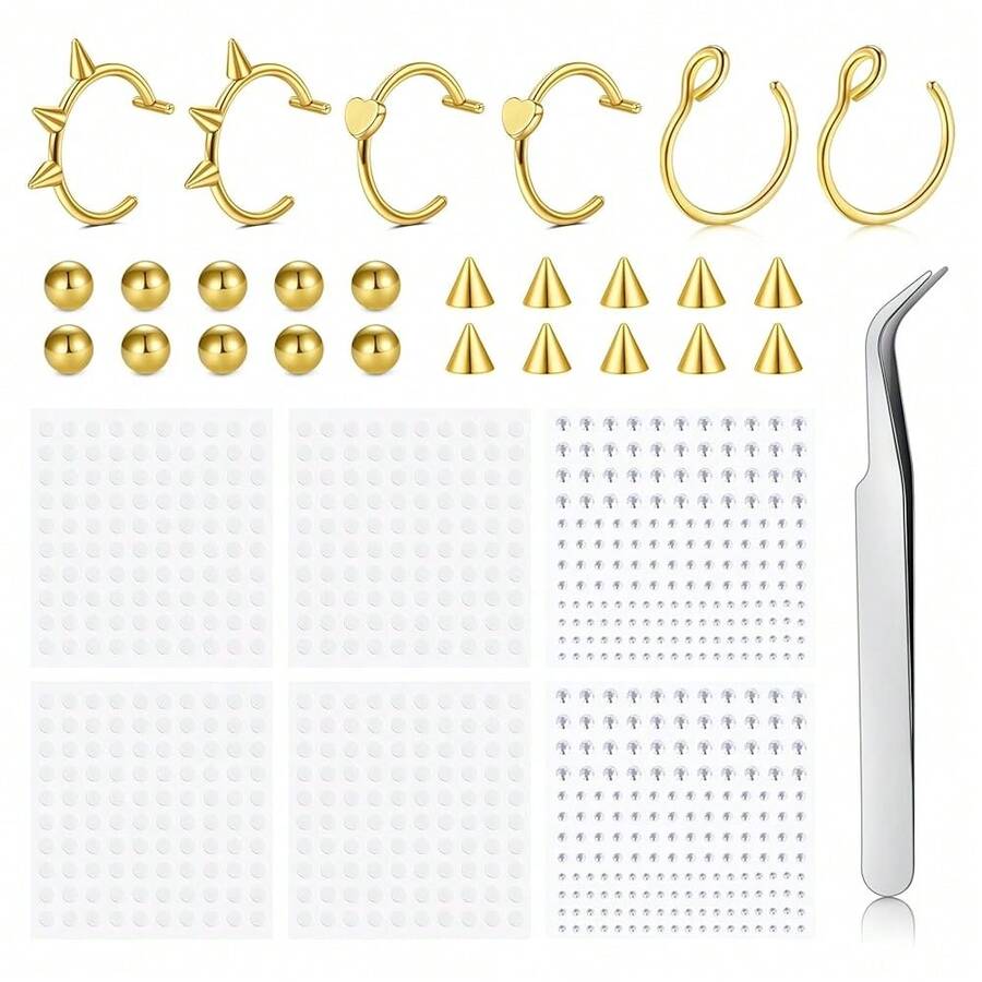 Longita Fake Lip Ring And Nose Piercing Set - Ball Spike, Hoop, Stud, Stick-On Bridge And Eyebrow Ring - Silver, Gold, Black{"Color_name":"3-Gold"} - 3-gold - View 1