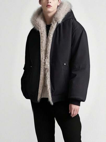 Loose Fit Men's Thick Cotton Padded Coat, Fur Collar Full Zip Closure Hooded, Fashion Minimalist, Gift For Friends, Winter