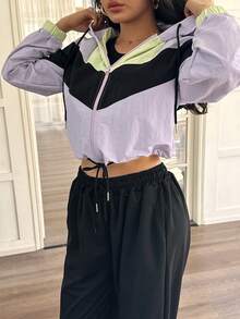 Never me 女士秋冬季防风撞色宽松拉链抽绳连帽夹克，适合休闲约会、健身、防晒和运动穿着。 - 紫色 - 查看 6