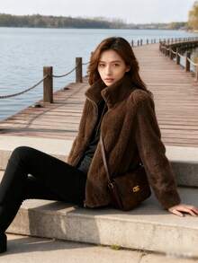 Women's Faux Shearling Fleece Jacket - Full Zip, Soft Warm & Cozy With Functional Pockets | Fall Winter Casual Everyday Wear. Made Of Soft, Faux Fur Fabric With A Drawstring Stand Collar, This Solid-Color Jacket Balances A Sweet, Cool, And Warm Look With An Eye-Catching Yet Understated Style, Making It A Sophisticated Piece To Brighten Up Your Fall And Winter Outfits. Suitable For Everyday Outings, Coffee Shop Visits, And Casual Commutes, It's Comfortable For Both Indoor And Outdoor Wear. - 棕色 - 查看 3
