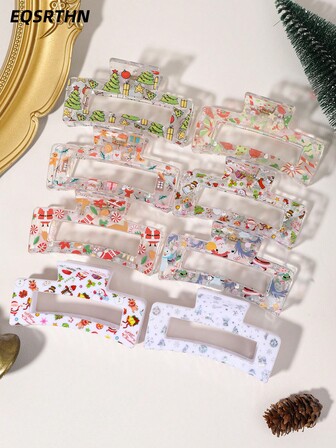 8pcs Christmas Hair Clips Set, Transparent Acrylic Material With Santa Claus/Snowman/Christmas Tree Prints, Glitter & Sequin Decor, Holiday Party Hair Accessories, Fashionable Headpieces For Women Claw Clips Winter Hair Claw
