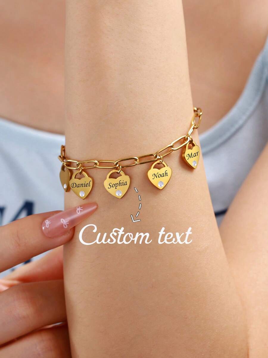 Vòng tay khắc tên hình trái tim thời trang, vòng tay khắc tên tùy chỉnh bằng thép không gỉ, khắc được 1-5 tên, vòng tay tên thành viên gia đình, mặt dây chuyền dây vuông, trang sức dự tiệc, quà tặng sinh nhật, kỷ niệm, Giáng sinh cho phái nữ, phụ kiện tùy chỉnh - Zircon vàng - Xem 1