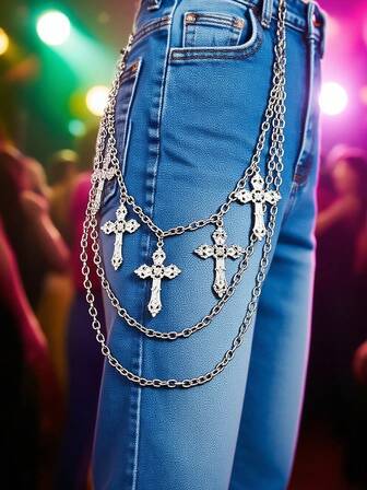 1 件波西米亚朋克风格多层黑色和银色十字链腰带，男女皆宜的时尚配饰，PVC/金属链条设计，非纺织材质，适合海滩、休闲和晚间约会 - 合身