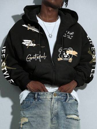 Lonblece קפוצ'ון לגברים אחד, הדפס גרפיטי עם דוב מצויר ואותיות, קפוצ'ון רב-תכליתי, קז'ואל צעיר ואלגנטי, לבוש יומיומי, חולצה עם שרוולים ארוכים