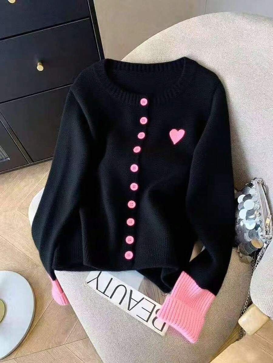 Minimalist Color Block Embroidered Round Neck Button Front Fashionable Heart Knit Top Pink - Pink - View 1