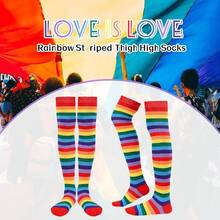 Zando Plus Size Thigh High Socks For Thick Thighs Women Striped Thigh High Stockings Over The Knee Socks Leg Warmers{"Size_name":"OneSizePlus","Color_name":"Rainbow"} - Rainbow - 查看 3