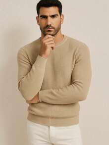 Men's Knitted Sweater, Round Neck, Long Sleeve, Basic Casual Knit Top - 藍色 - 查看 3