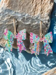 2pcs Fashion Women's Graffiti Colorful Bow Earrings, Cute Acrylic Bow Design Earrings, European And American Style