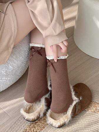 1 Pair Lolita Style Bowknot Vintage Mid-Calf Socks, Spring/Autumn