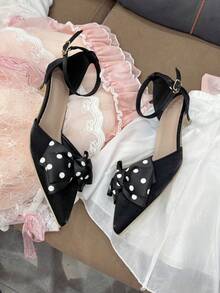 Nuove scarpe eleganti con punta affusolata e tacco alto alla moda per adolescenti, design carino con fiocco a pois, comode e versatili per un uso elegante quotidiano, a scuola, per feste, concerti - nero - Visualizzare 12