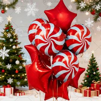 齐京毛衣 12 件红色拐杖糖和星形气球套装 - 自封铝膜气球，适用于圣诞节、生日、婚礼、新年庆祝活动 - 无需电力