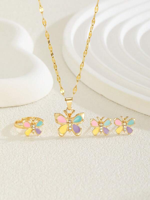 4pcs Girls Beautiful Fashion Elegant Colorful Butterfly Necklace Stud Earrings Ring Jewelry Set For Kids Sweet Street Party Festival Holiday Accessories For New Yeart And Back To School Gift