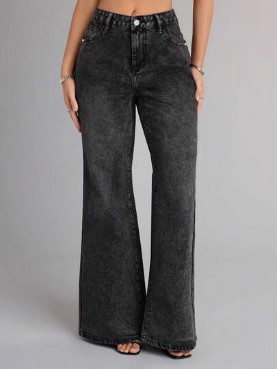 Vintage Wash Black Jeans Simple Versatile Casual Wide-Leg Non-Stretch Flared Pants Long Pants Winter Christmas New Year Thanksgiving Elegant