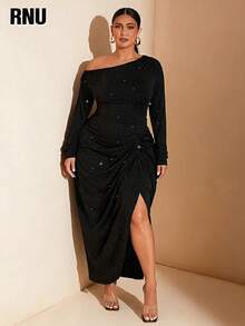 RNU 大码女士优雅闪亮金属纱线高弹针织面料垂肩荷叶边装饰高开衩收腰派对鸡尾酒会婚礼宾客礼服 - 黑色 - 查看 5