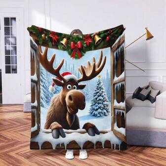 1 pieza Nueva manta de felpa con estampado digital de alta definición de un animal de ciervo divertido de estilo moderno para Navidad, suave y cálida de poliéster, perfecta para acampar, sofá o viaje, cómoda, ligera, plegable, adecuada para sofá, cama, mecedora, chal de oficina, mejor opción de regalo