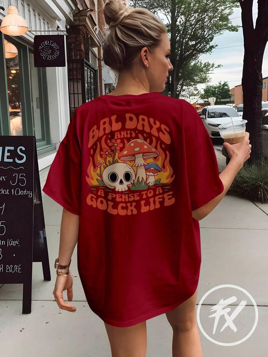 Women's Oversized Streetwear T-Shirt, Gym, Mushroom, Skull, Hippie Fashion, Bad Days REF 3174 - 紫紅色 - 查看 1