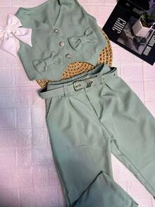 Blogueirinhos Kids - Girls' Tailored Set: Cropped Vest With Bows And Wide-Leg Pants | Elegant And Modern (4 To 12 Years) - 軍綠色 - 查看 1