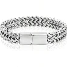 1pc Men's Stainless Steel Braided Double Row Front And Rear Fish Scale Alloy Magnetic Buckle Bracelet With Keel Jewelry New Model - 銀色 - 查看 12