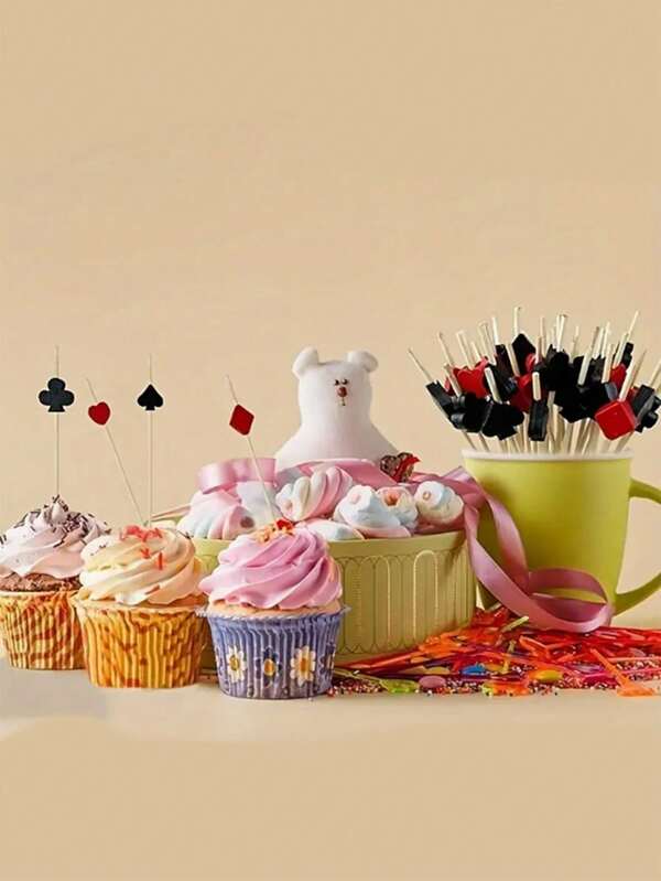 50/100pcs Poker Suit Fruit Picks, Spade, Club, Diamond, Heart Bamboo Skewers, Natural Food Picks, Suitable For Decorating Cocktail Glasses, Champagne Flutes, Beverages, Bread, Cakes, Desserts, Baked Goods, Great For Birthday Parties, Weddings, Gatherings, Afternoon Tea (Assorted Styles)