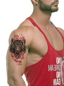 2 款男士纹身贴纸，日本虎纹祥云花卉图案，防水假纹身，持久 2-5 天，遮盖疤痕，可用于手臂、肩膀、颈部、腰部、背部或腿部，适合节日派对、万圣节化妆舞会 - 彩色 - 查看 3