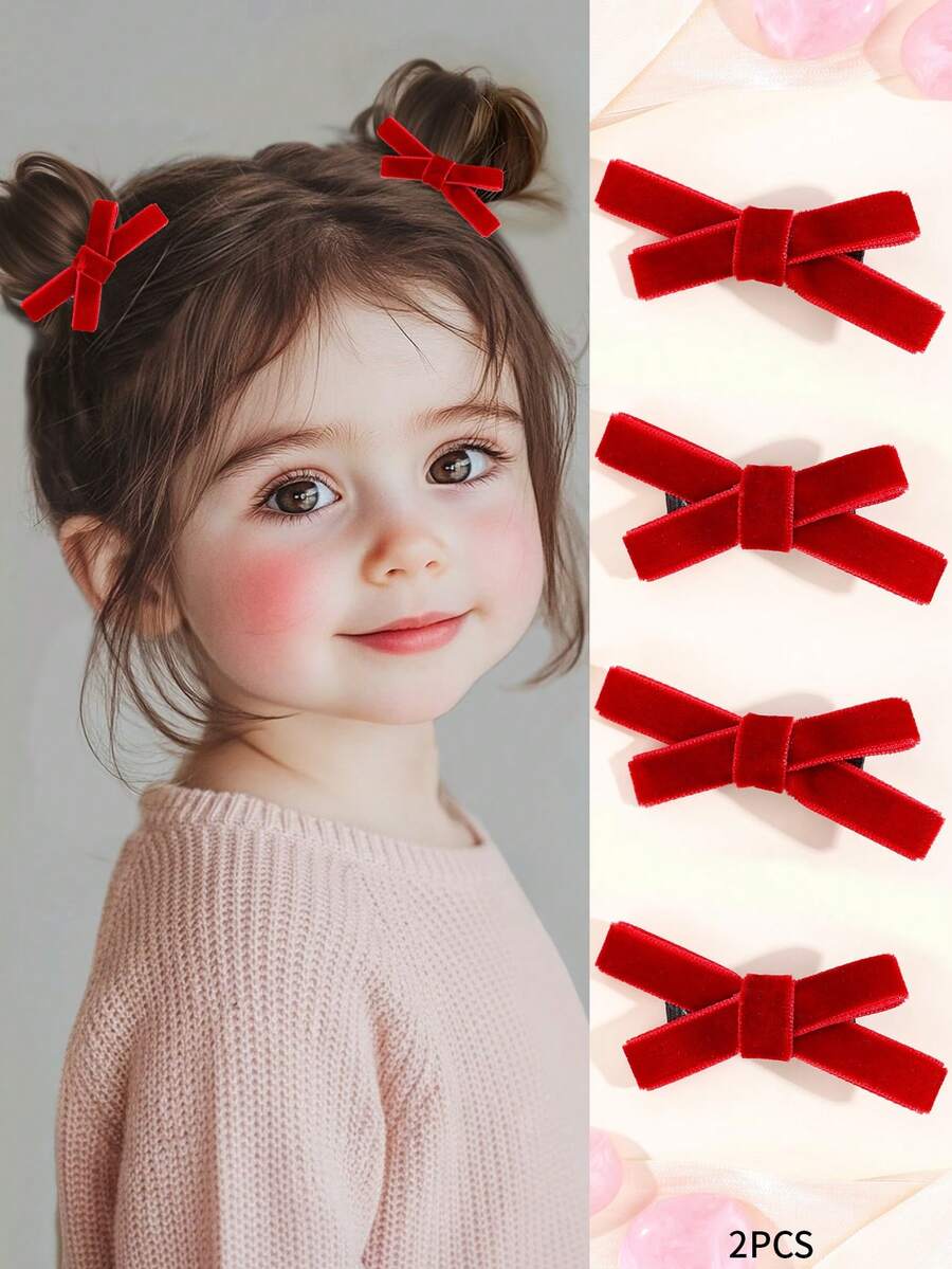 2 件适合幼儿女孩的蝴蝶结发饰,纯色蝴蝶结发夹,全衬里,秋冬复古蝴蝶结发夹,儿童婴儿发饰 - 紅色 - 查看 1