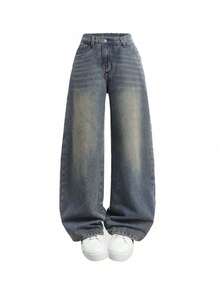 少女宽松蝴蝶印花阔腿牛仔裤，百搭