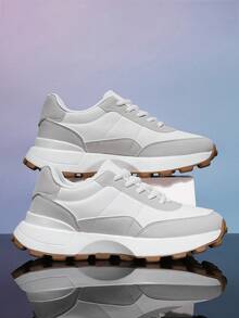 Men's Breathable Leather Casual Sneakers, Fashion Athleisure Shoes, Running Shoes, Chunky Sneakers, Autumn/Winter - White - View 4