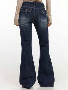 Women Baggy Bell Bottom Jeans Y2K,Flare Jeans Mid-Low Rise, Bootcut Flared Wide Leg Stretchy Loose Denim Pants - 深藍色 - 查看 5