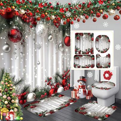 1 pezzo/4 pezzi Set di tende da doccia natalizie di lusso, tenda da doccia con motivo albero di Natale verde vintage con 12 ganci, tappetino antiscivolo da bagno, tappetino a forma di U, copriwater rotondo, set di decorazioni per il bagno