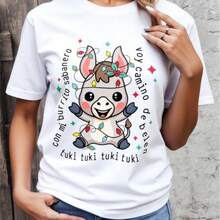Playera divertida navidad casual mujer estampado-BURRITO SABANERO tuki tuki tuki tuki -tela suave cuello redondo manga corta otoño invierno reunión familiar - Blanco - Ver 1