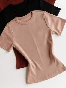 Kit 3 Short Sleeve Ribbed Blouses For Women, Basic, Elegant, Summer - Nude/Black/Brown - View 3