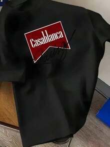Men's Casual Crew Neck T-Shirt With "Casa Blanca" Letter Print - Lightweight And Stretchy Fabric For Spring And Summer, All Season T-Shirt - 黑色 - 查看 1