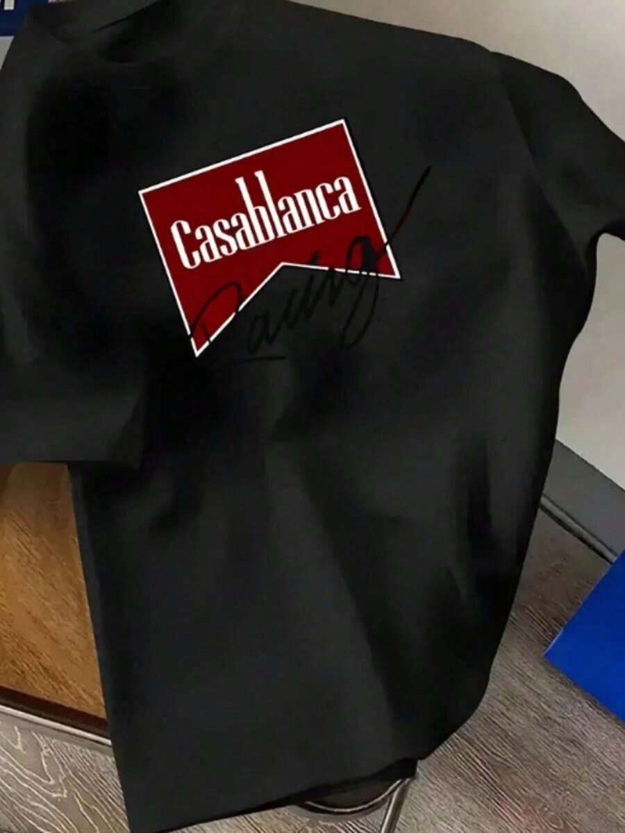 Men's Casual Crew Neck T-Shirt With "Casa Blanca" Letter Print - Lightweight And Stretchy Fabric For Spring And Summer, All Season T-Shirt - 黑色 - 查看 1