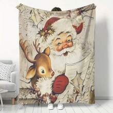 GEL HUT MUN Comfortable Christmas Flannel Blanket - Vintage Santa Claus And Reindeer Design, Soft And Warm, Suitable For Sofa, Bed, Office, All Season Low Allergy Gift Blanket