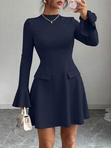 PRETTYGARDEN Women's Long Sleeve Elegant  Mini Dress Fall Bodycon Mock Neck Elegant Business Work Party Short Dresses New Years Valentine Vacation - 深藍色 - 查看 1